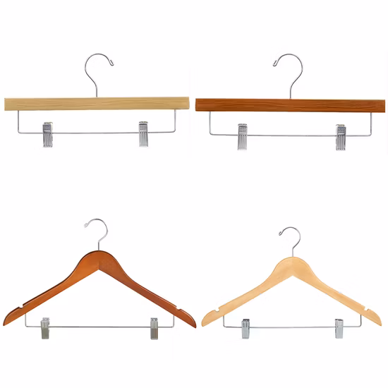 Top Grade Wooden Clothes Hangers (Solid wood) with Trousers Bar/Metal Clips in Natural/Dark/Black/White Color for Shirts/Coats/Suits/Other Luxury Garments