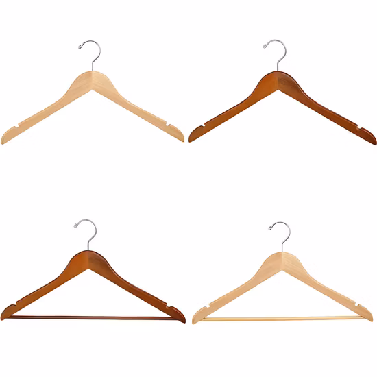 Top Grade Wooden Clothes Hangers (Solid wood) with Trousers Bar/Metal Clips in Natural/Dark/Black/White Color for Shirts/Coats/Suits/Other Luxury Garments